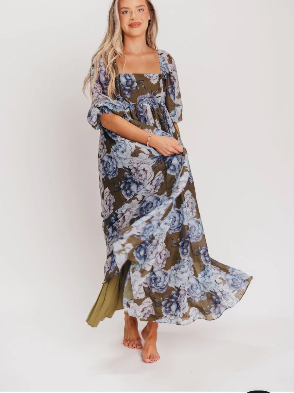 Olive Floral Square-Neck Maxi Dress with Blue Floral Print